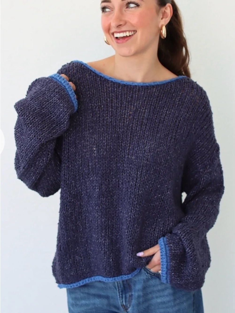 Cozy Navy Blue Knit Sweater with Contrast Trim
